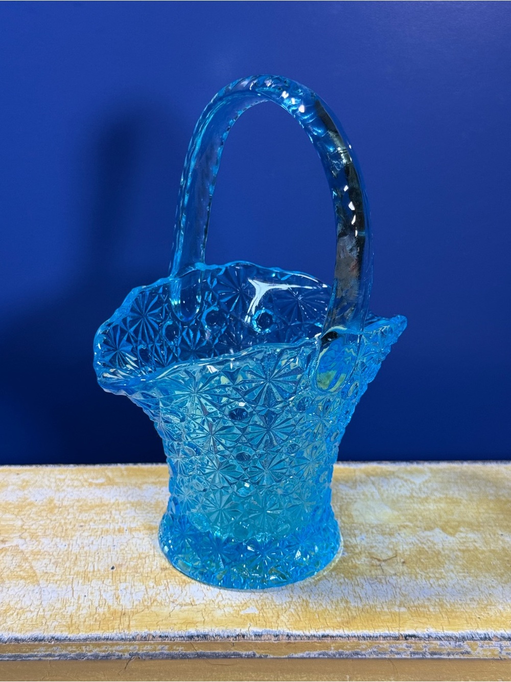 Vintage Fenton Daisy & Button Blue Glass Basket 1950s Pressed Glass 7” Tall